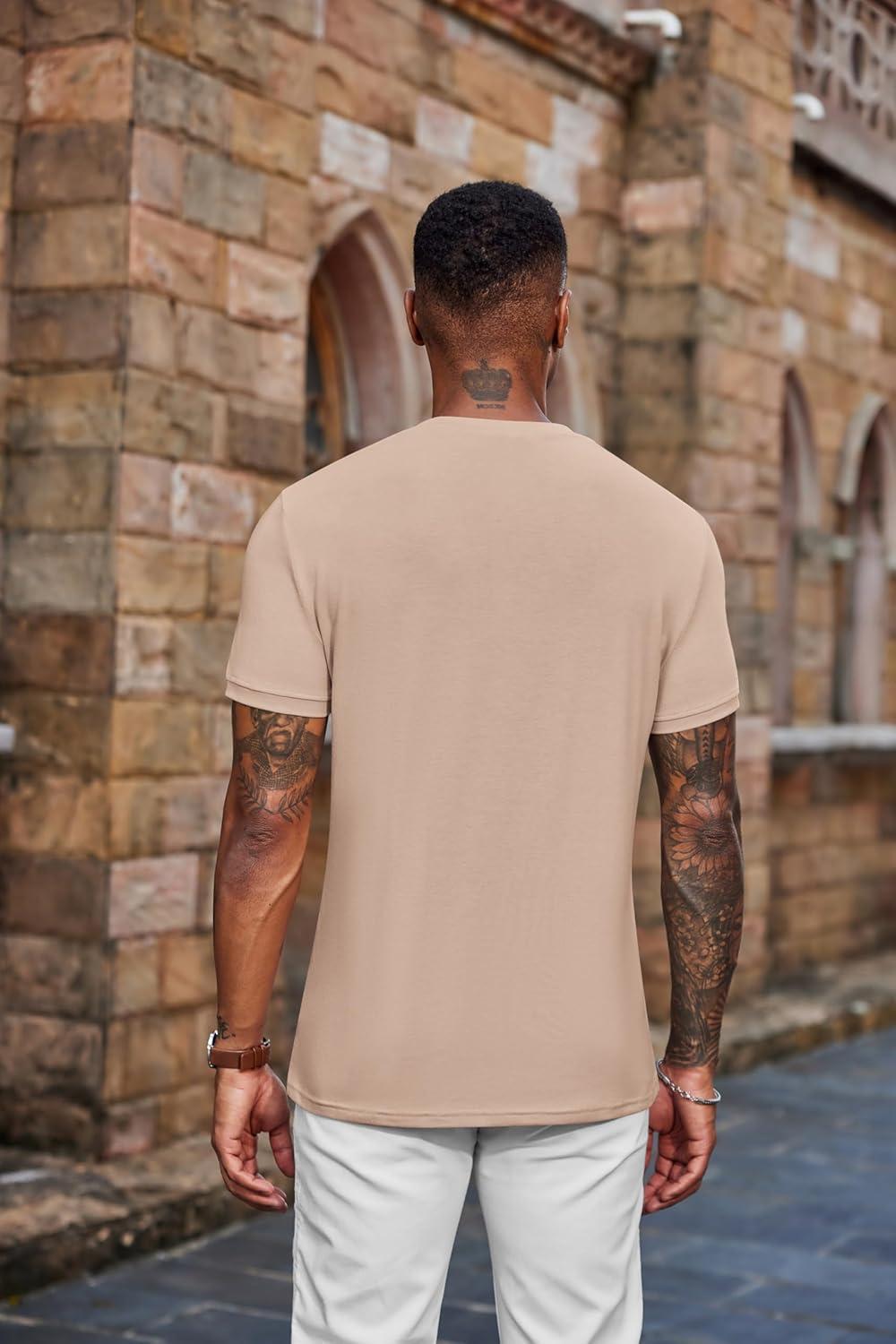 imageCOOFANDY Mens Henley Shirts Short Sleeve Casual Summer Basic Tee Solid Button TShirtsLight Khaki