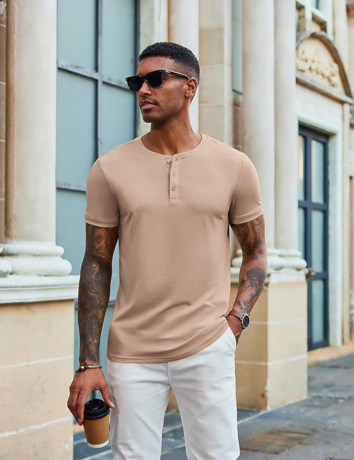 imageCOOFANDY Mens Henley Shirts Short Sleeve Casual Summer Basic Tee Solid Button TShirtsLight Khaki