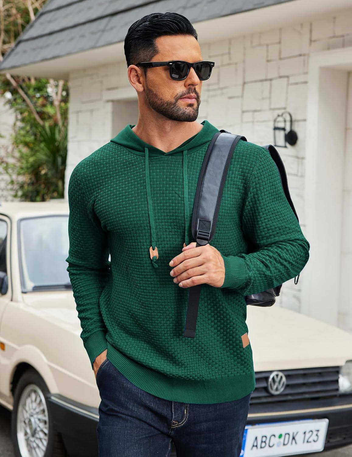imageCOOFANDY Mens Hooded Sweatshirt Casual Long Sleeve Drawstring Waffle Knit Hoodies Slim Fit Hoodies PulloverDark Green