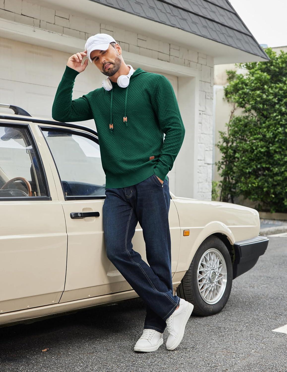 imageCOOFANDY Mens Hooded Sweatshirt Casual Long Sleeve Drawstring Waffle Knit Hoodies Slim Fit Hoodies PulloverDark Green