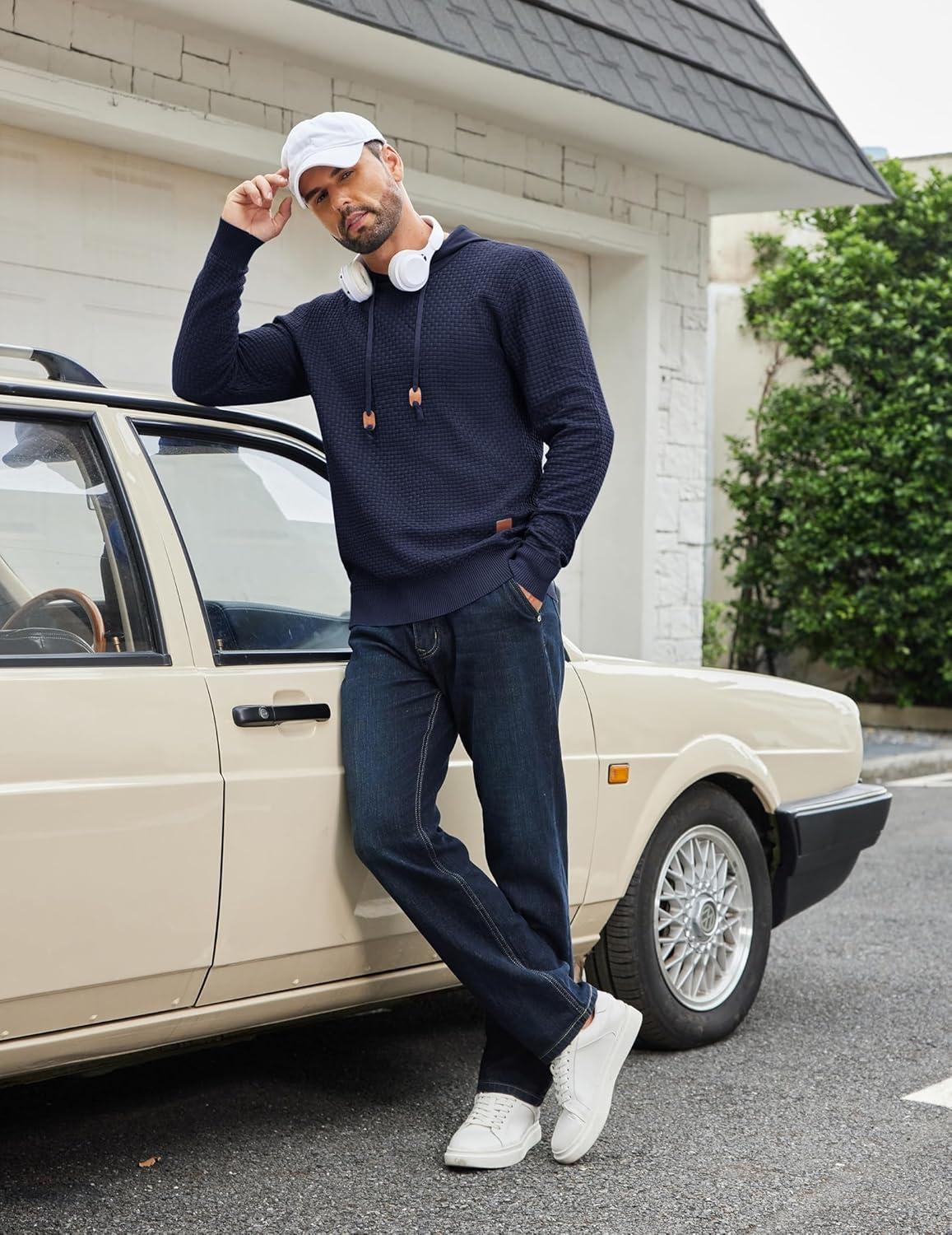 imageCOOFANDY Mens Hooded Sweatshirt Casual Long Sleeve Drawstring Waffle Knit Hoodies Slim Fit Hoodies PulloverNavy Blue