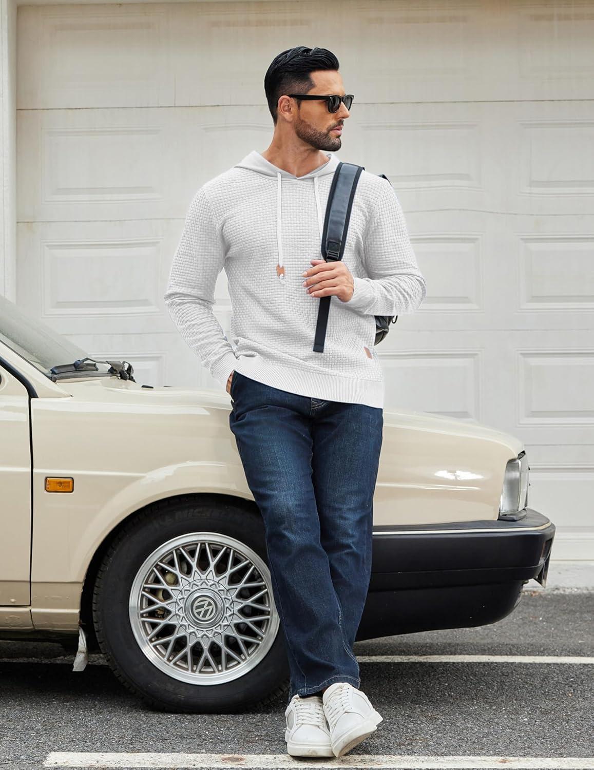 imageCOOFANDY Mens Hooded Sweatshirt Casual Long Sleeve Drawstring Waffle Knit Hoodies Slim Fit Hoodies PulloverWhite