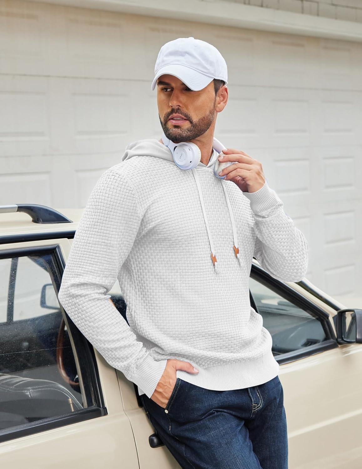 imageCOOFANDY Mens Hooded Sweatshirt Casual Long Sleeve Drawstring Waffle Knit Hoodies Slim Fit Hoodies PulloverWhite