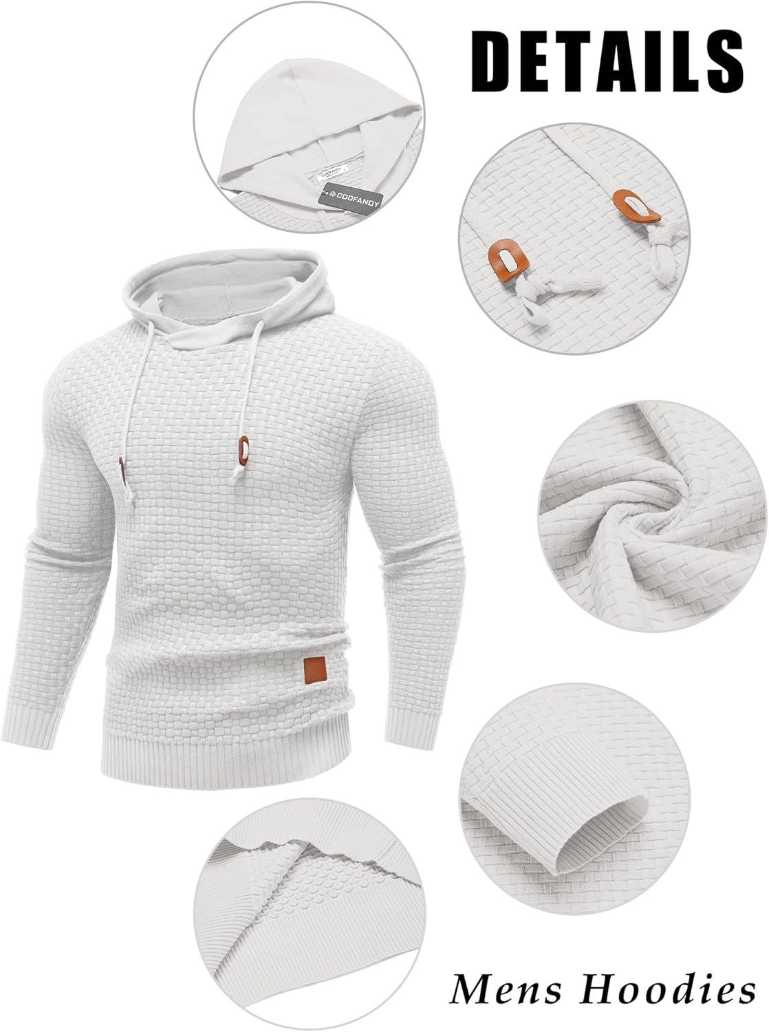 imageCOOFANDY Mens Hooded Sweatshirt Casual Long Sleeve Drawstring Waffle Knit Hoodies Slim Fit Hoodies PulloverWhite