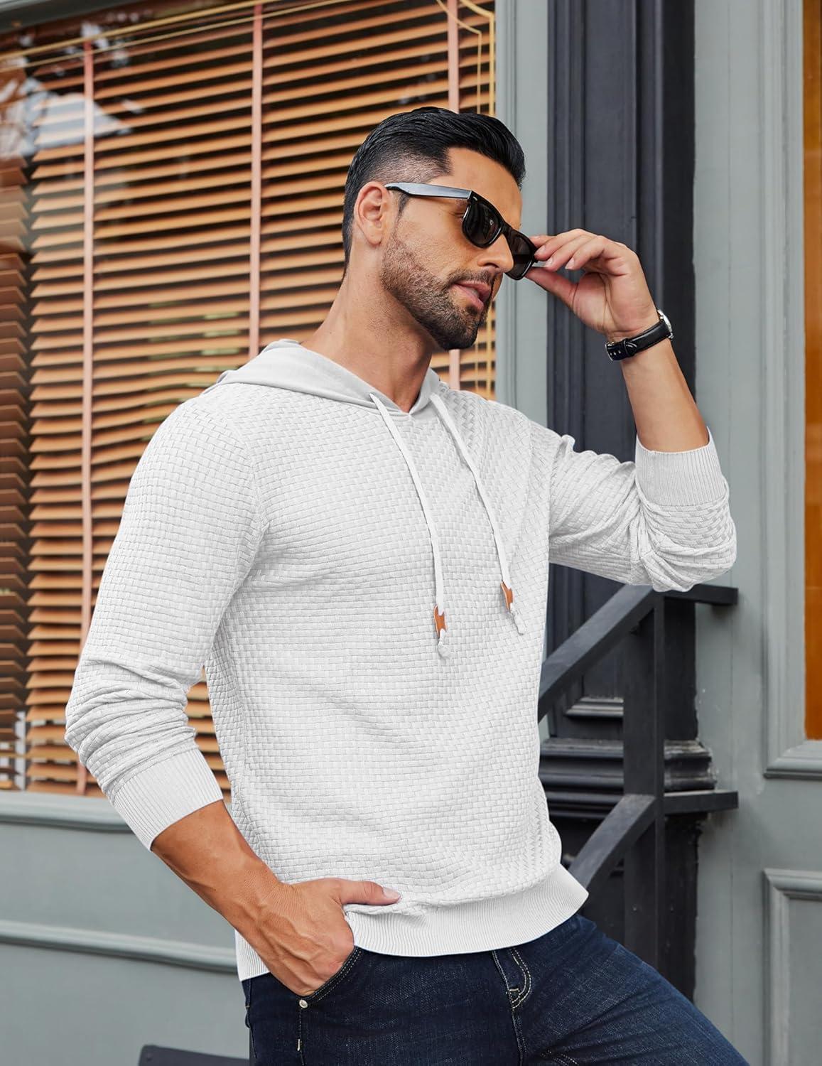 imageCOOFANDY Mens Hooded Sweatshirt Casual Long Sleeve Drawstring Waffle Knit Hoodies Slim Fit Hoodies PulloverWhite