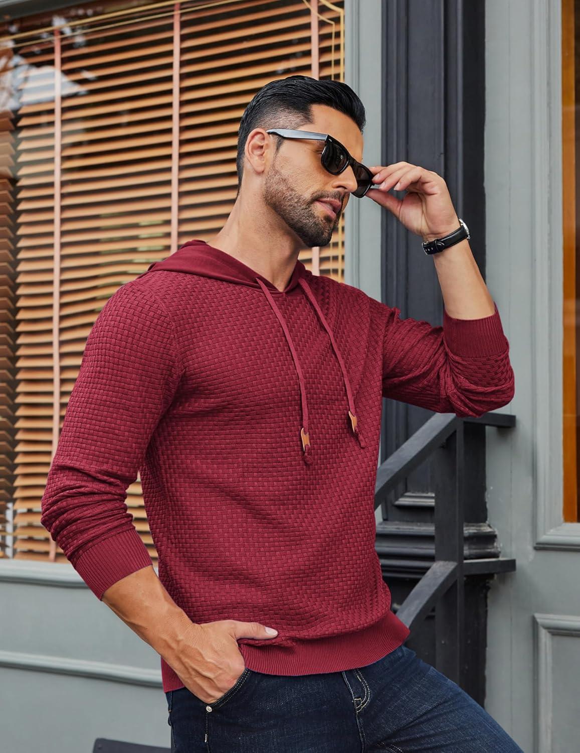 imageCOOFANDY Mens Hooded Sweatshirt Casual Long Sleeve Drawstring Waffle Knit Hoodies Slim Fit Hoodies PulloverWine Red