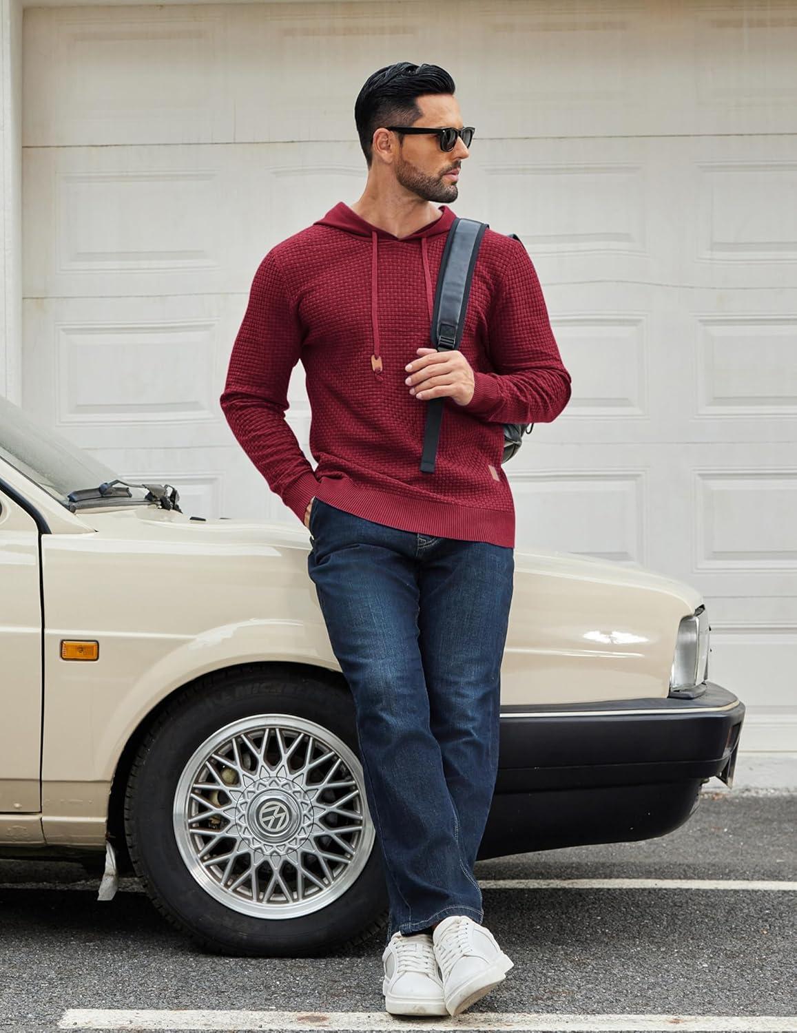 imageCOOFANDY Mens Hooded Sweatshirt Casual Long Sleeve Drawstring Waffle Knit Hoodies Slim Fit Hoodies PulloverWine Red