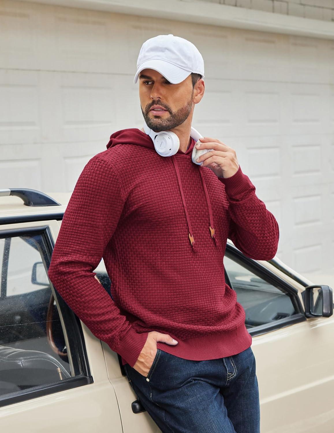 imageCOOFANDY Mens Hooded Sweatshirt Casual Long Sleeve Drawstring Waffle Knit Hoodies Slim Fit Hoodies PulloverWine Red