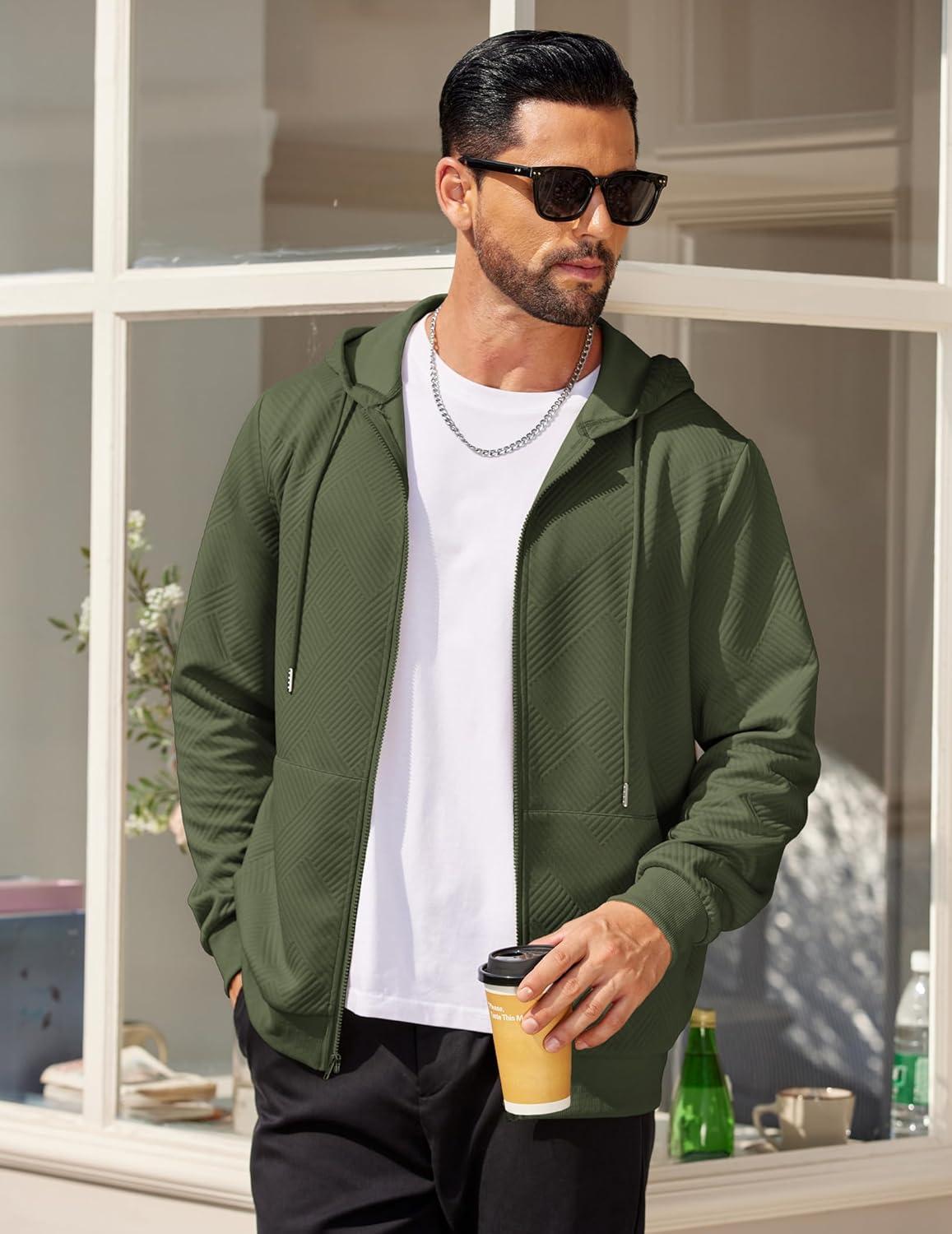 imageCOOFANDY Mens Hooded Sweatshirt Zip Up Casual Knit Hoodies Fashion Drawstring Sweatshirts with PocketsArmy Green