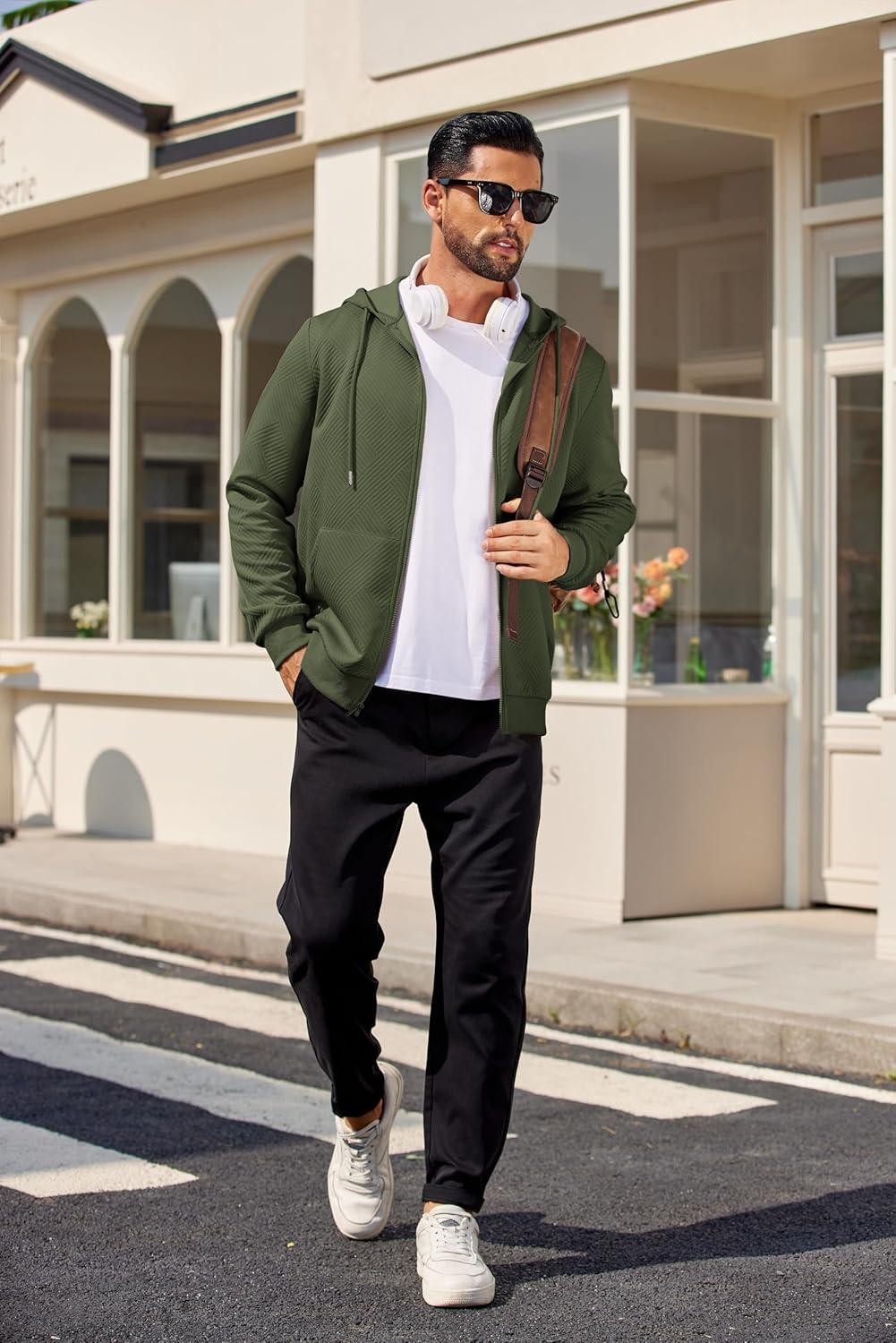 imageCOOFANDY Mens Hooded Sweatshirt Zip Up Casual Knit Hoodies Fashion Drawstring Sweatshirts with PocketsArmy Green