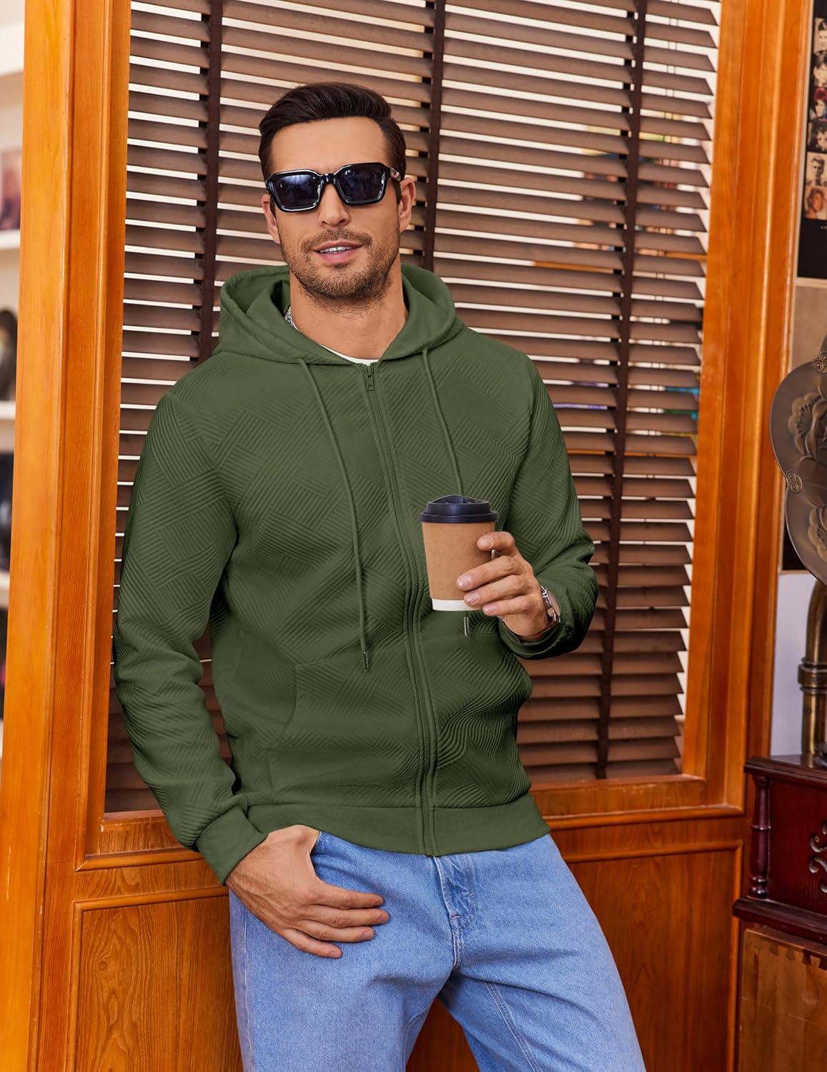 imageCOOFANDY Mens Hooded Sweatshirt Zip Up Casual Knit Hoodies Fashion Drawstring Sweatshirts with PocketsArmy Green