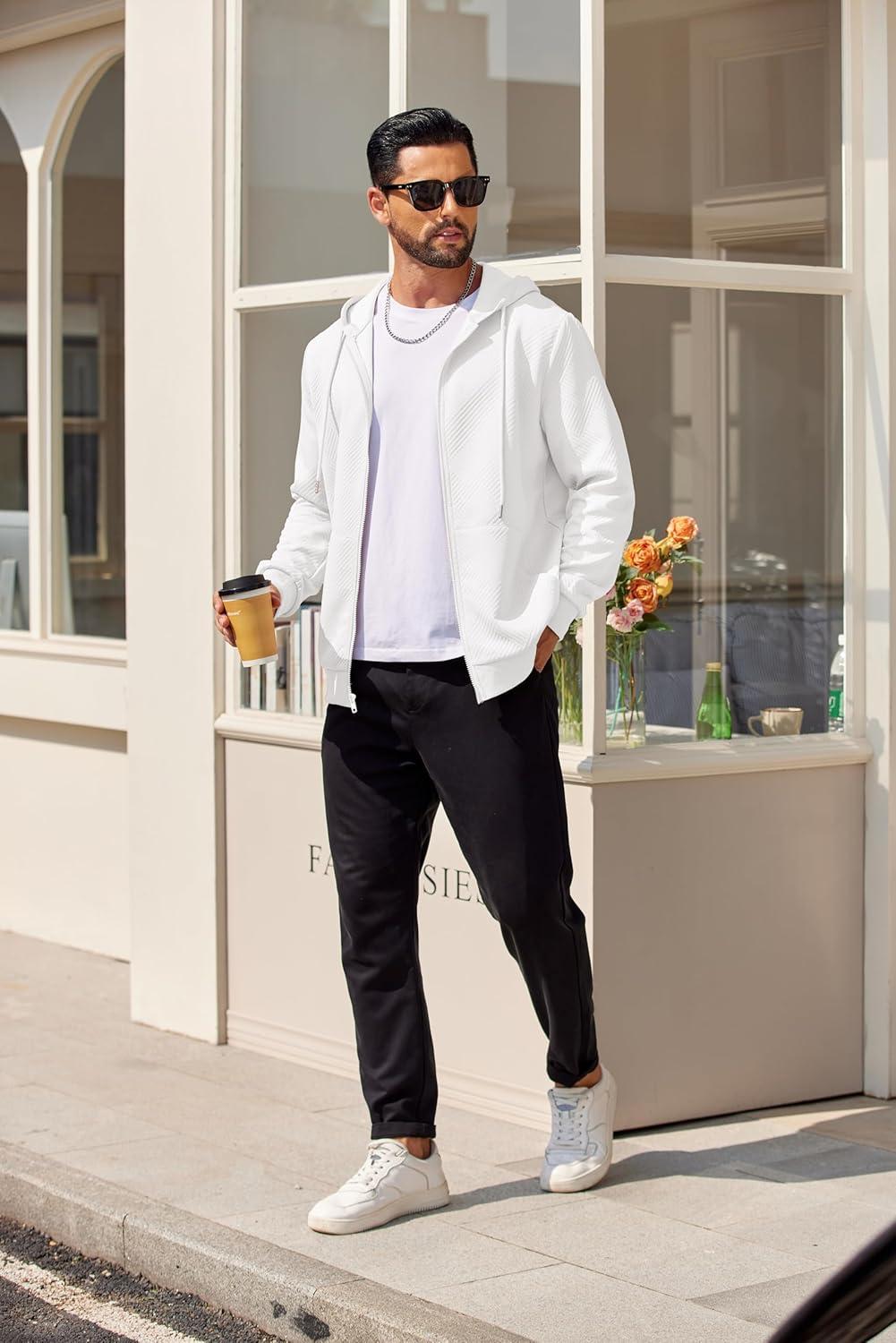 imageCOOFANDY Mens Hooded Sweatshirt Zip Up Casual Knit Hoodies Fashion Drawstring Sweatshirts with PocketsWhite