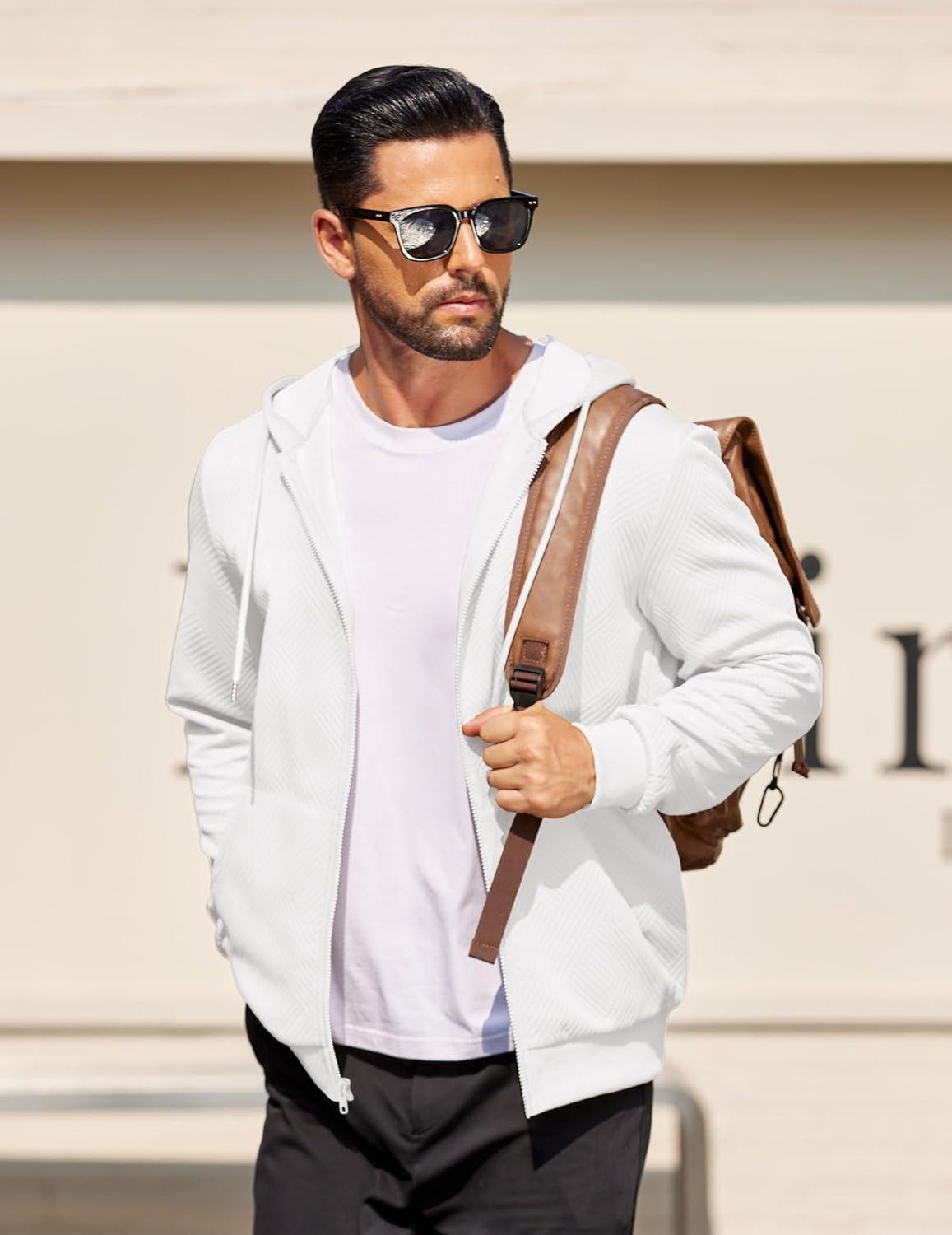 imageCOOFANDY Mens Hooded Sweatshirt Zip Up Casual Knit Hoodies Fashion Drawstring Sweatshirts with PocketsWhite