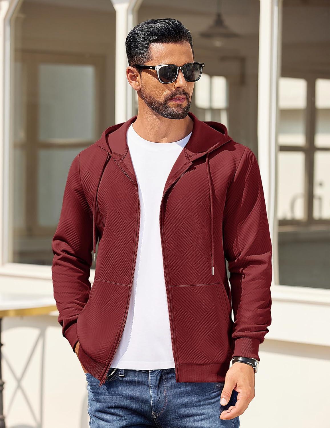 imageCOOFANDY Mens Hooded Sweatshirt Zip Up Casual Knit Hoodies Fashion Drawstring Sweatshirts with PocketsWine Red