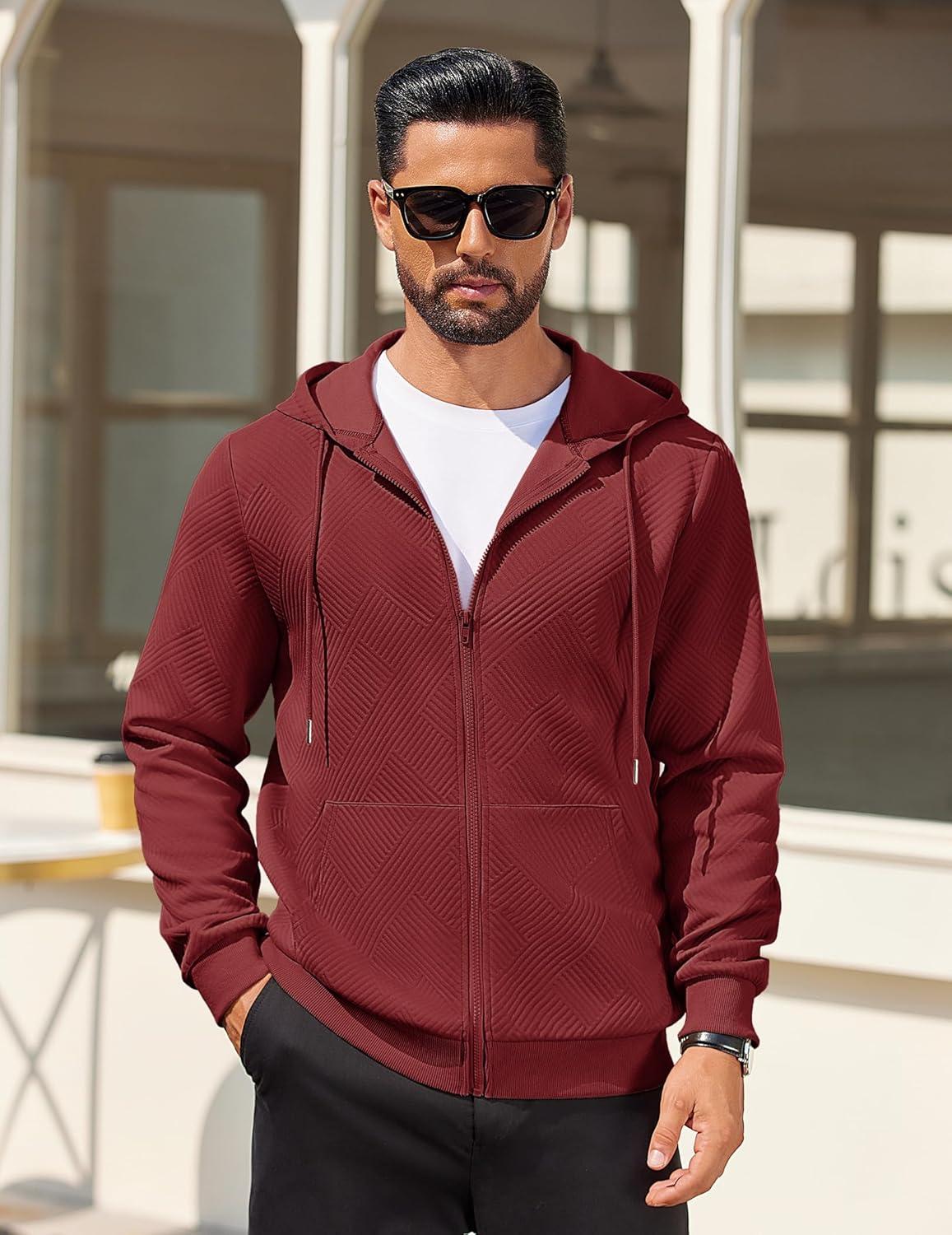 imageCOOFANDY Mens Hooded Sweatshirt Zip Up Casual Knit Hoodies Fashion Drawstring Sweatshirts with PocketsWine Red