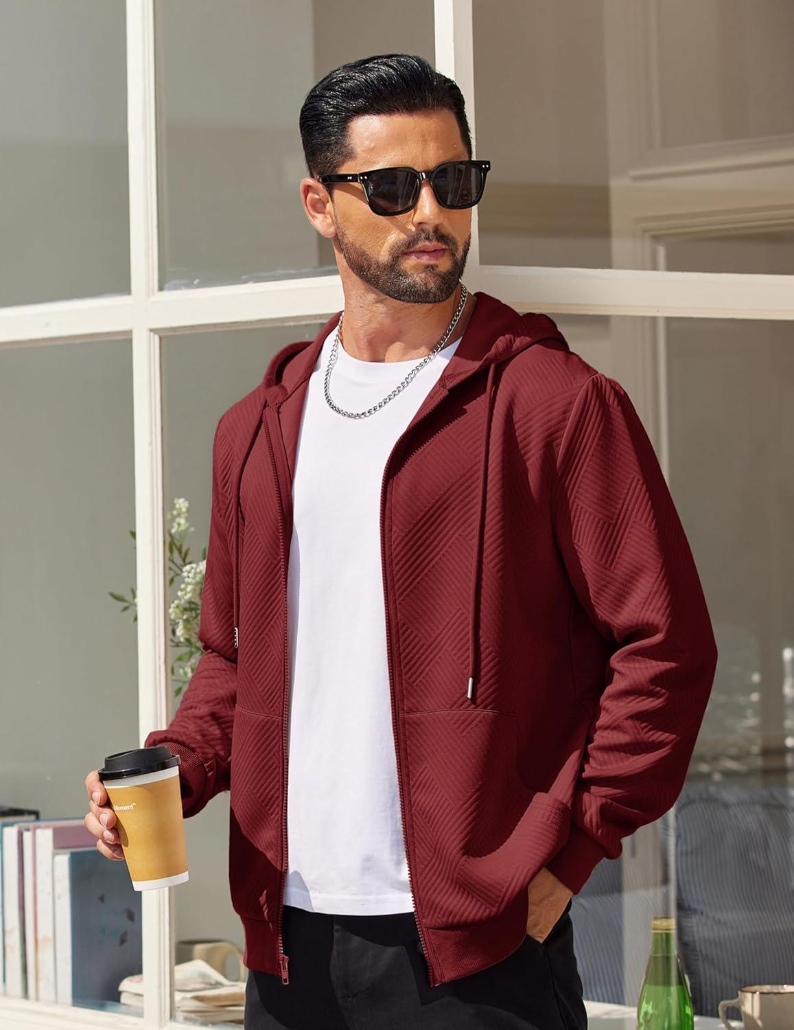 imageCOOFANDY Mens Hooded Sweatshirt Zip Up Casual Knit Hoodies Fashion Drawstring Sweatshirts with PocketsWine Red