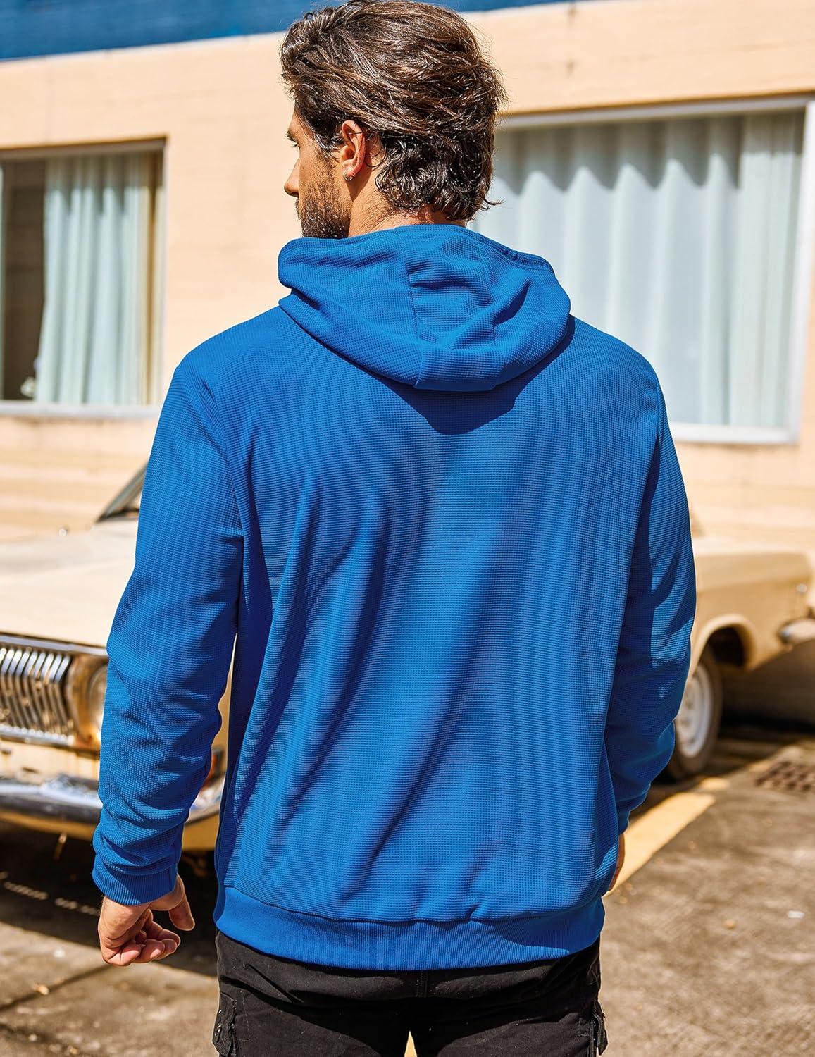 imageCOOFANDY Mens Hooded Sweatshirts Long Sleeve Casual Pullover Hoodie Waffle Knit Sweatshirt with PocketBlue