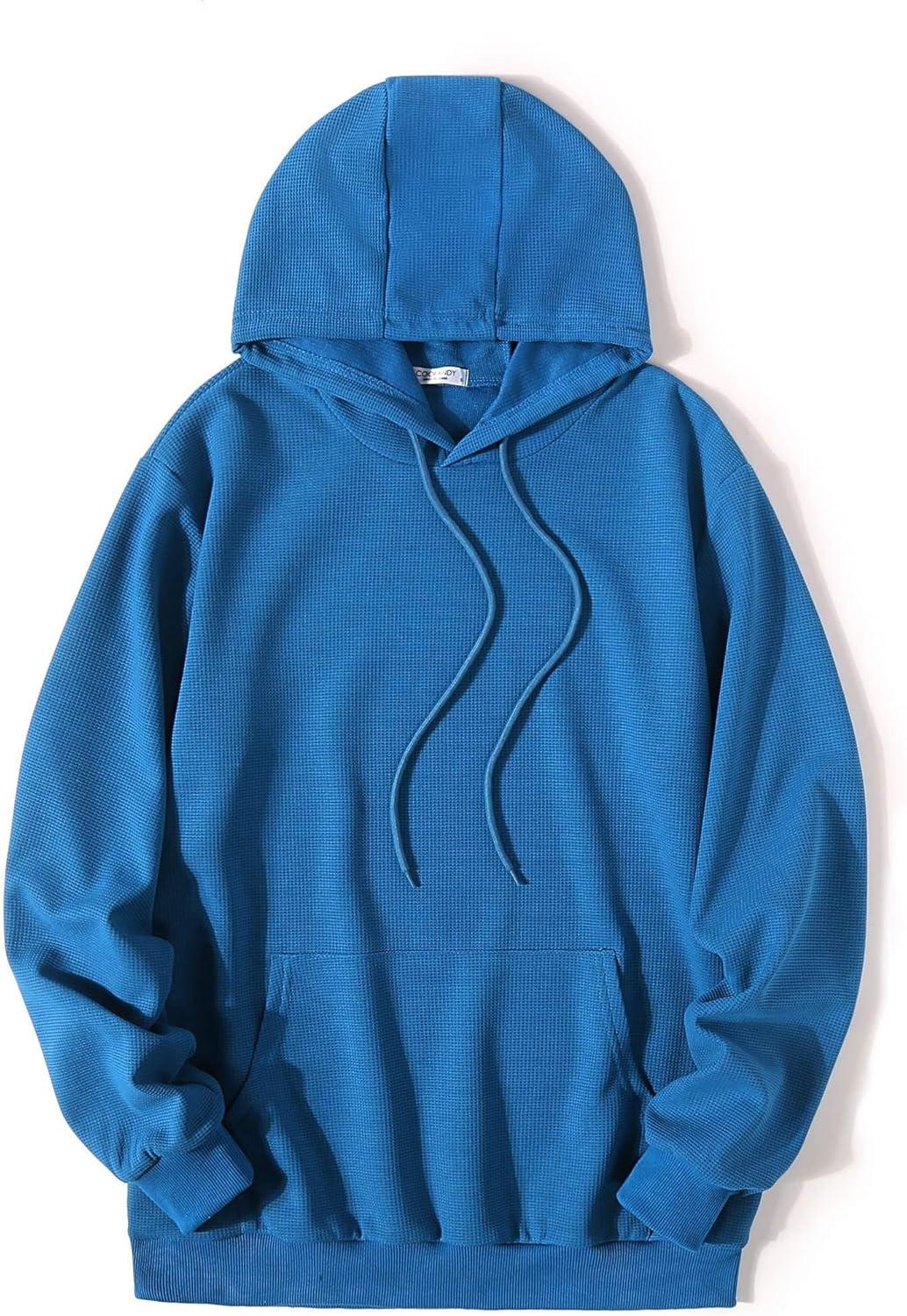 imageCOOFANDY Mens Hooded Sweatshirts Long Sleeve Casual Pullover Hoodie Waffle Knit Sweatshirt with PocketBlue
