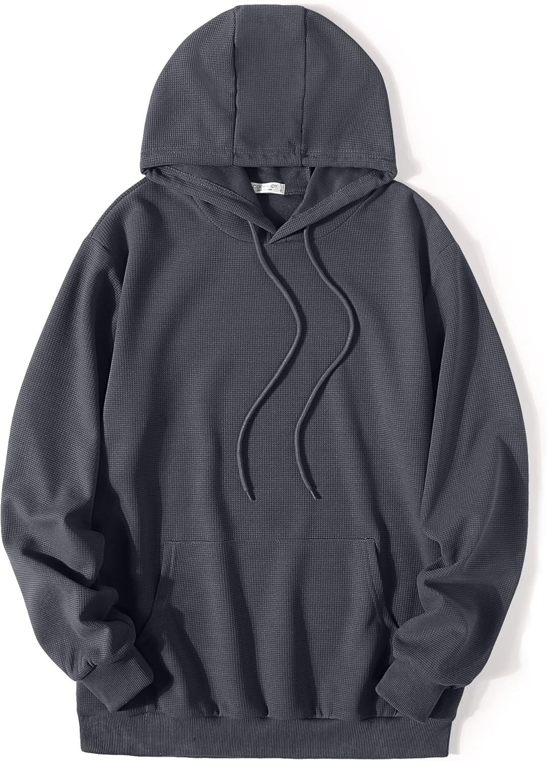 imageCOOFANDY Mens Hooded Sweatshirts Long Sleeve Casual Pullover Hoodie Waffle Knit Sweatshirt with PocketDark Grey
