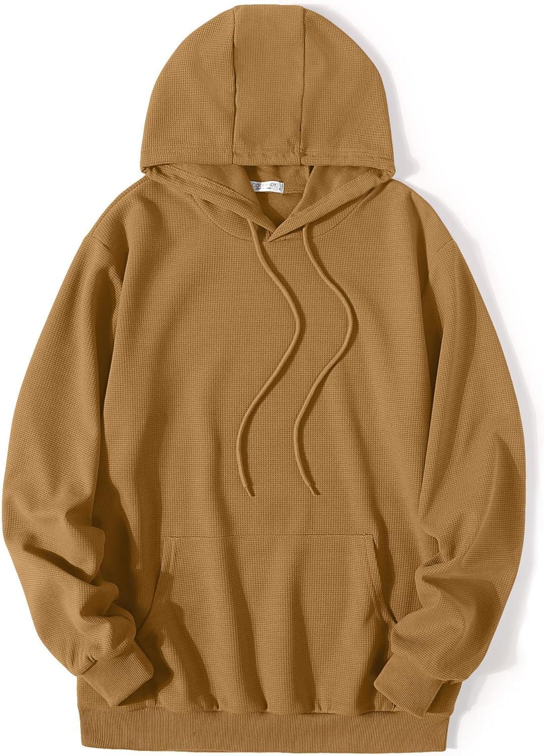 imageCOOFANDY Mens Hooded Sweatshirts Long Sleeve Casual Pullover Hoodie Waffle Knit Sweatshirt with PocketLight Brown