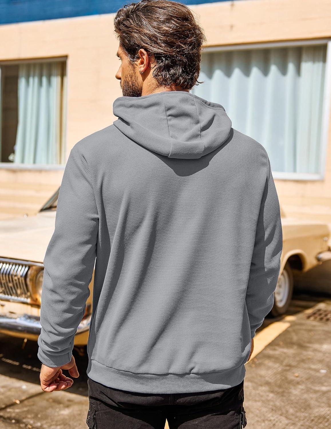 imageCOOFANDY Mens Hooded Sweatshirts Long Sleeve Casual Pullover Hoodie Waffle Knit Sweatshirt with PocketLight Grey