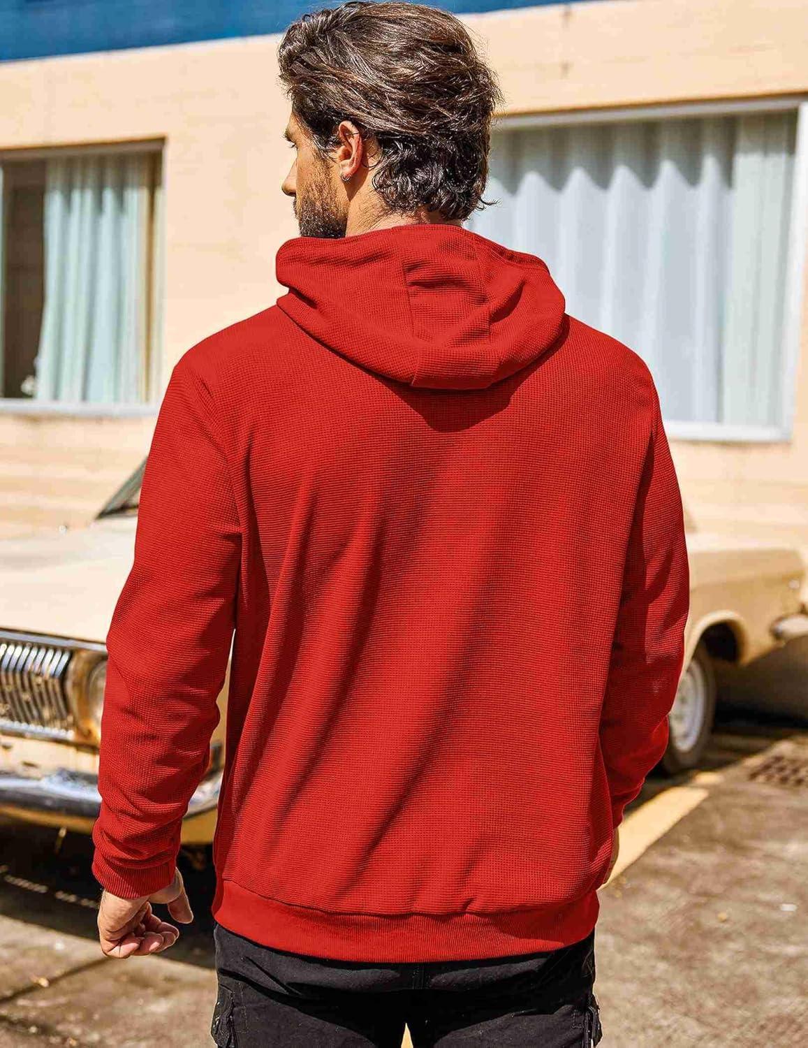 imageCOOFANDY Mens Hooded Sweatshirts Long Sleeve Casual Pullover Hoodie Waffle Knit Sweatshirt with PocketRed