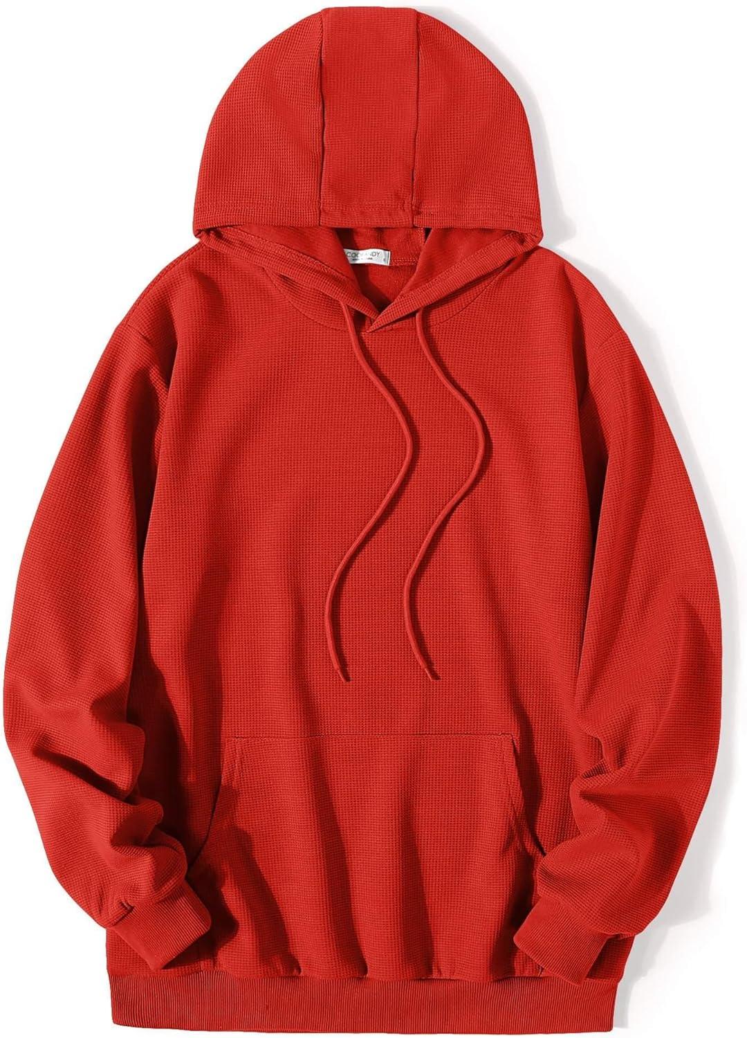 imageCOOFANDY Mens Hooded Sweatshirts Long Sleeve Casual Pullover Hoodie Waffle Knit Sweatshirt with PocketRed