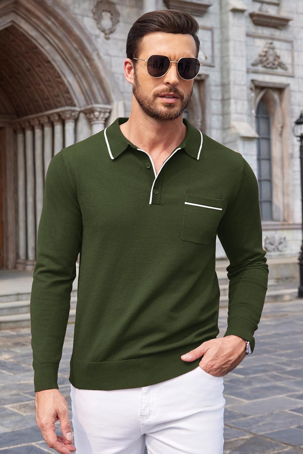 imageCOOFANDY Mens Knit Polo Long Sleeve Collared Sweater Polo Business Casual Polos with PocketArmy Green