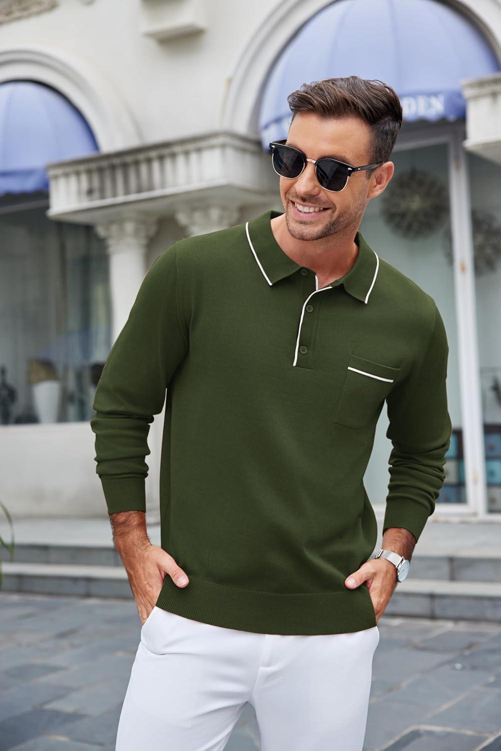 imageCOOFANDY Mens Knit Polo Long Sleeve Collared Sweater Polo Business Casual Polos with PocketArmy Green