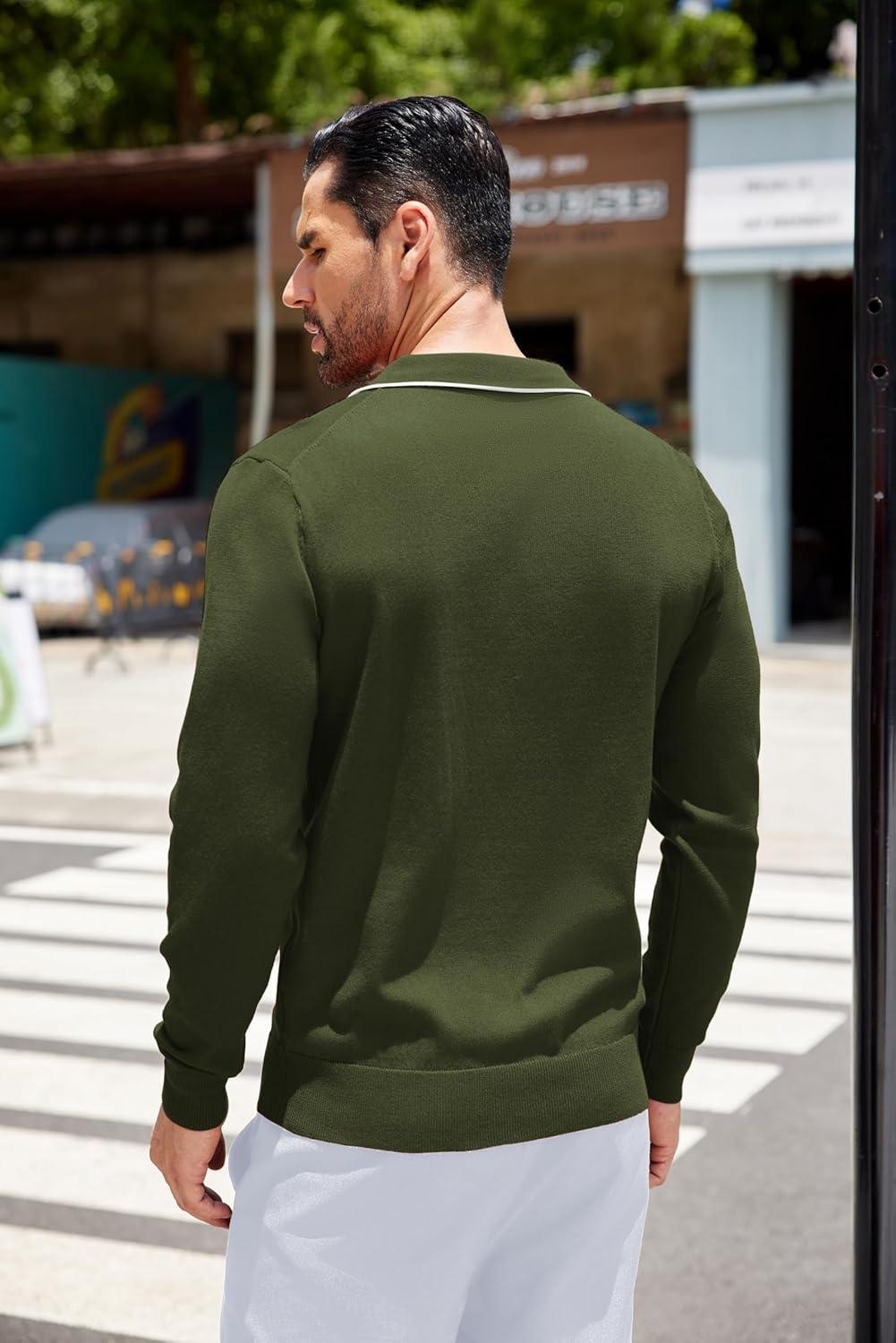 imageCOOFANDY Mens Knit Polo Long Sleeve Collared Sweater Polo Business Casual Polos with PocketArmy Green