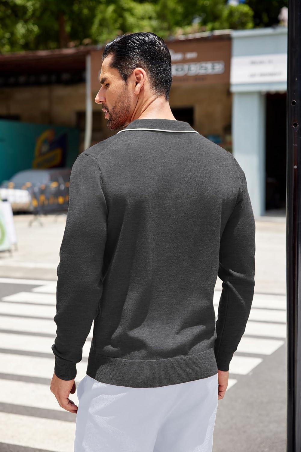 imageCOOFANDY Mens Knit Polo Long Sleeve Collared Sweater Polo Business Casual Polos with PocketDark Gray