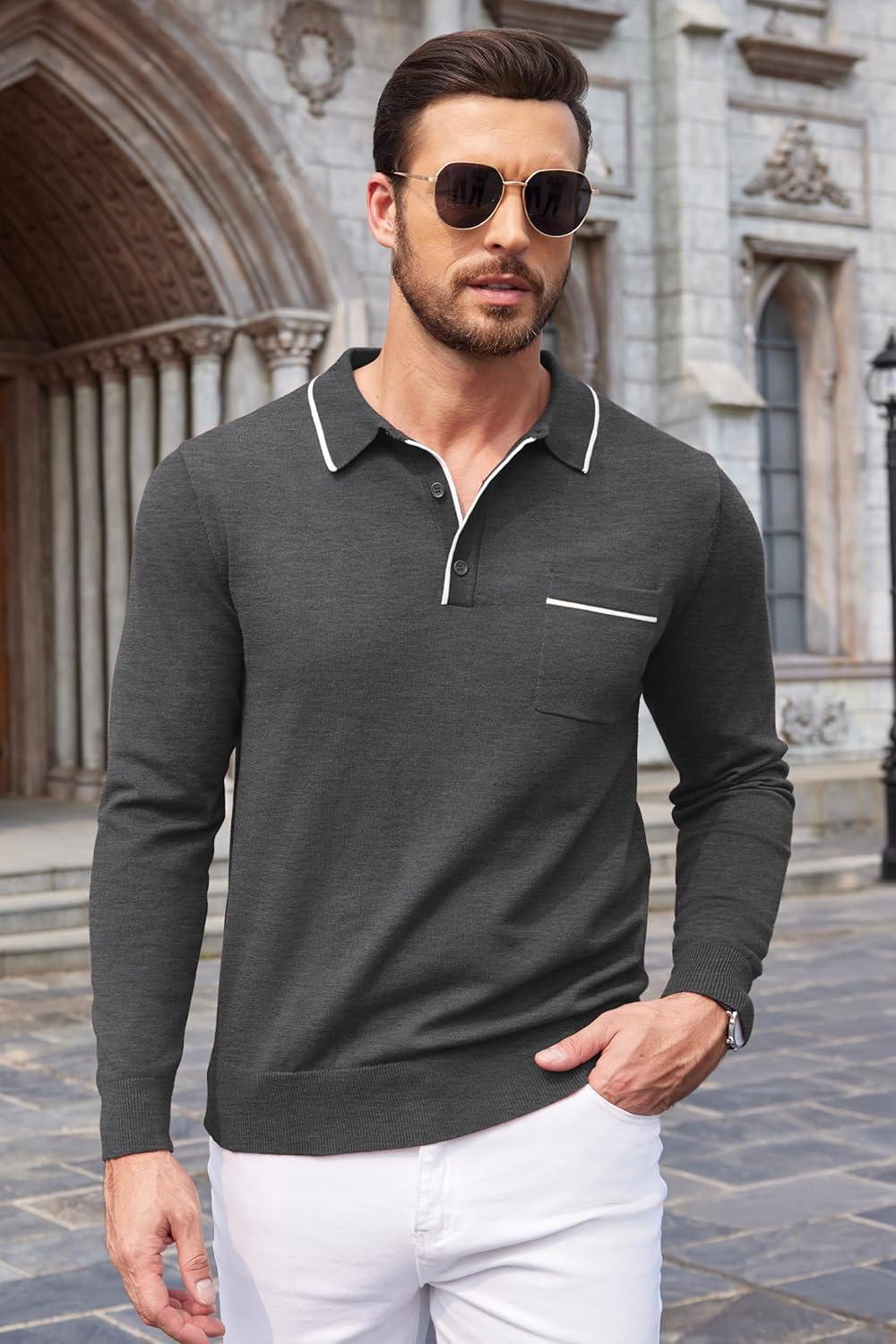 imageCOOFANDY Mens Knit Polo Long Sleeve Collared Sweater Polo Business Casual Polos with PocketDark Gray