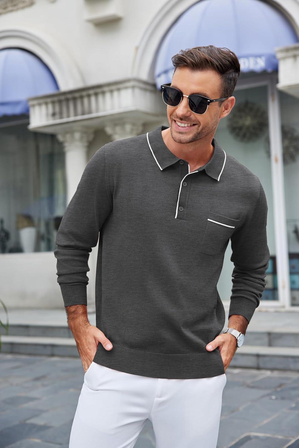 imageCOOFANDY Mens Knit Polo Long Sleeve Collared Sweater Polo Business Casual Polos with PocketDark Gray
