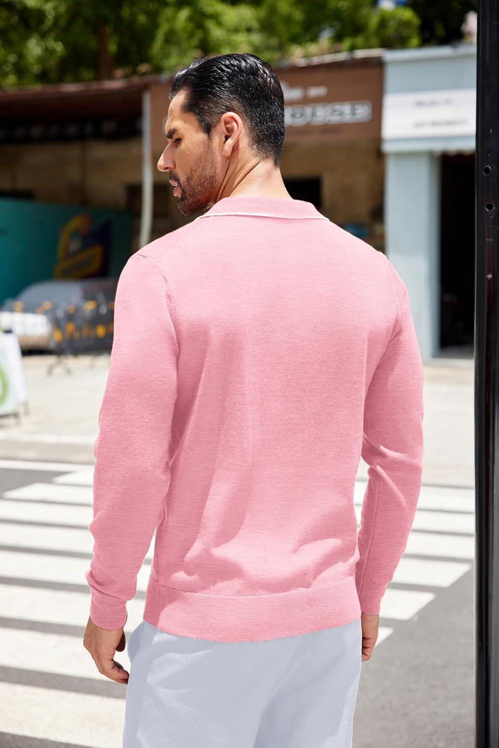 imageCOOFANDY Mens Knit Polo Long Sleeve Collared Sweater Polo Business Casual Polos with PocketDark Pink