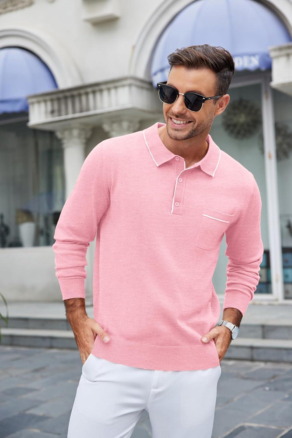 imageCOOFANDY Mens Knit Polo Long Sleeve Collared Sweater Polo Business Casual Polos with PocketDark Pink