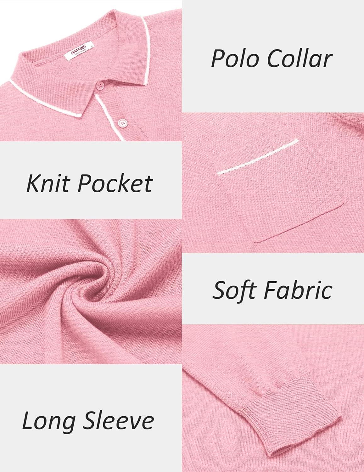 imageCOOFANDY Mens Knit Polo Long Sleeve Collared Sweater Polo Business Casual Polos with PocketDark Pink