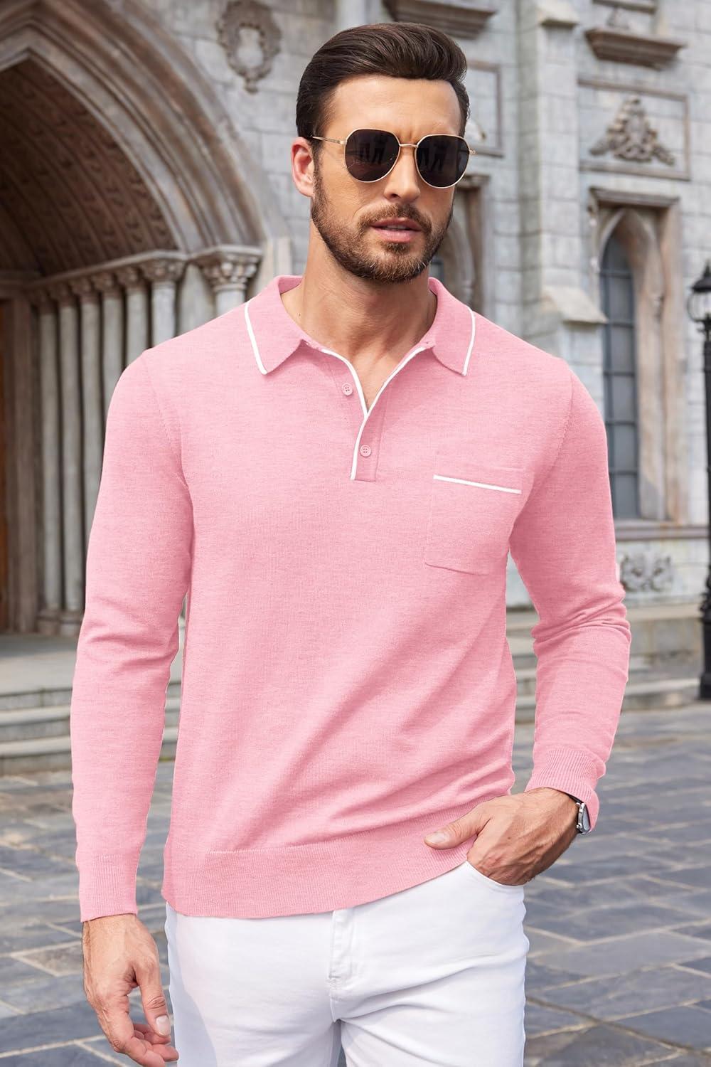 imageCOOFANDY Mens Knit Polo Long Sleeve Collared Sweater Polo Business Casual Polos with PocketDark Pink