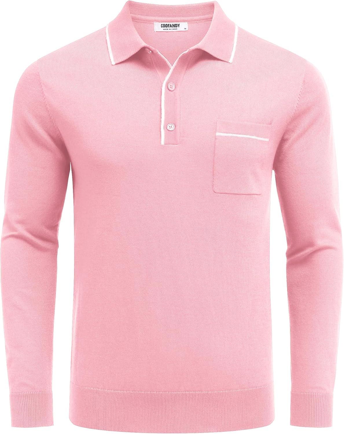imageCOOFANDY Mens Knit Polo Long Sleeve Collared Sweater Polo Business Casual Polos with PocketDark Pink
