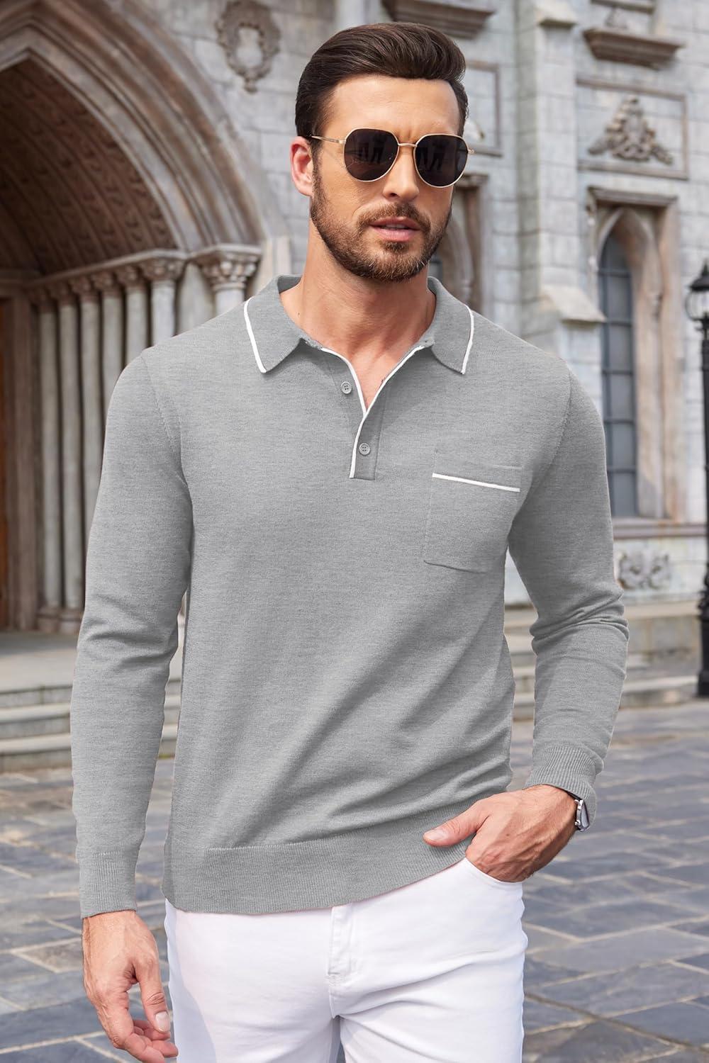 imageCOOFANDY Mens Knit Polo Long Sleeve Collared Sweater Polo Business Casual Polos with PocketLight Gray