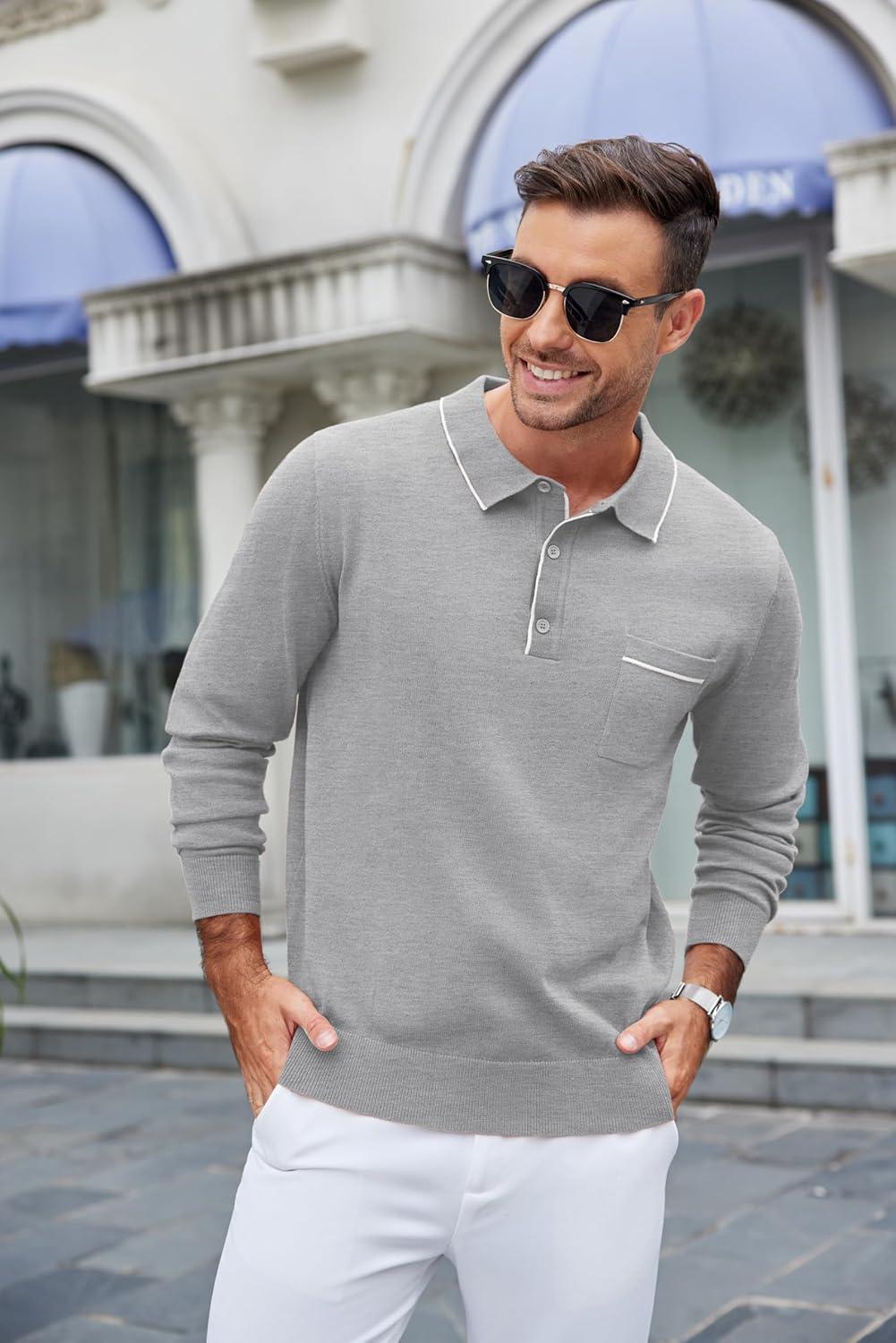 imageCOOFANDY Mens Knit Polo Long Sleeve Collared Sweater Polo Business Casual Polos with PocketLight Gray
