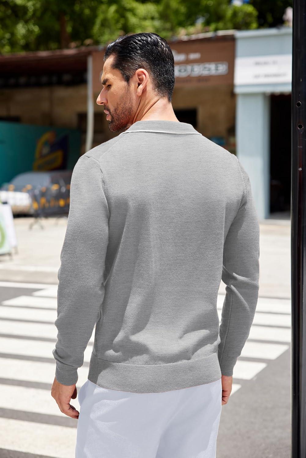 imageCOOFANDY Mens Knit Polo Long Sleeve Collared Sweater Polo Business Casual Polos with PocketLight Gray