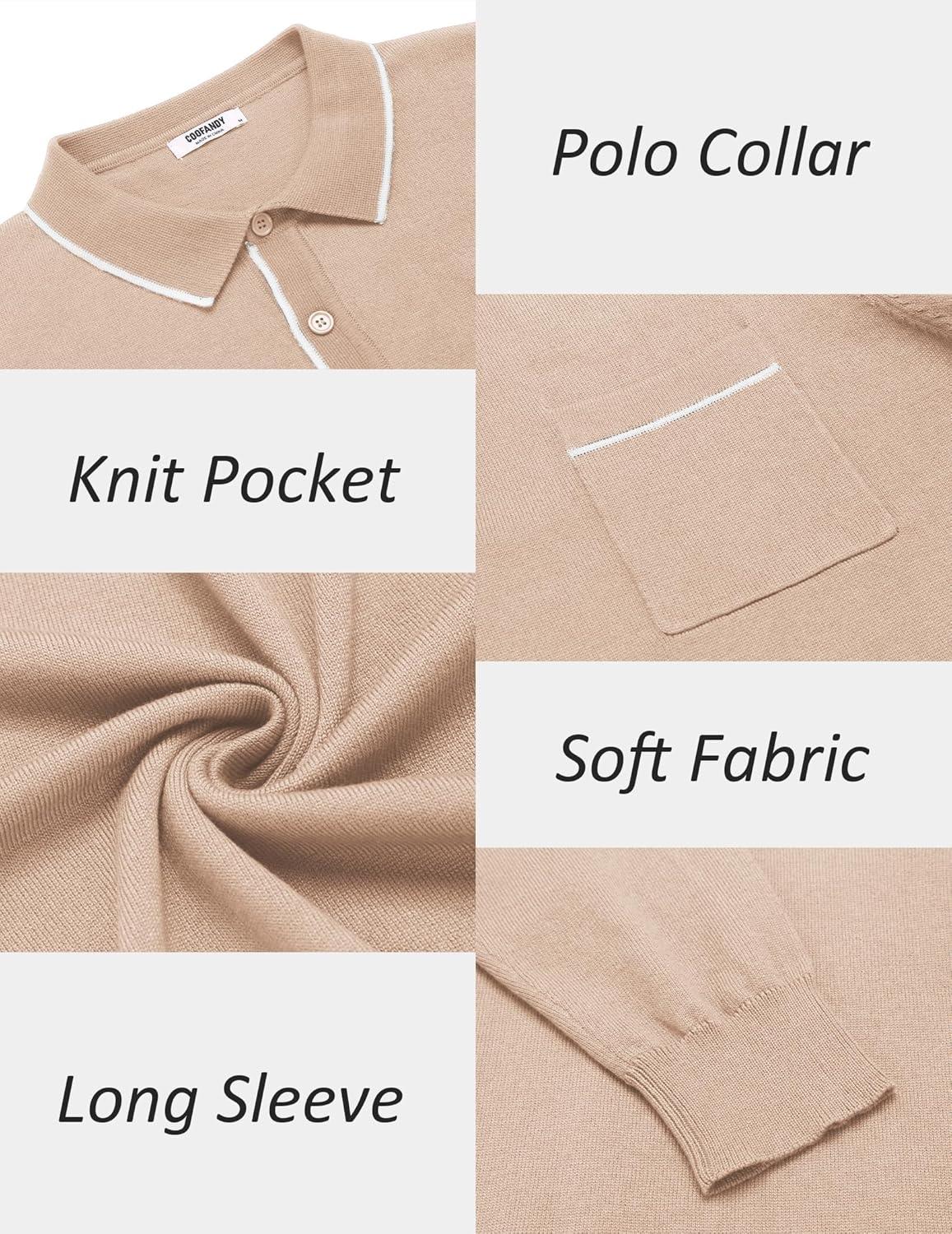 imageCOOFANDY Mens Knit Polo Long Sleeve Collared Sweater Polo Business Casual Polos with PocketLight Khaki