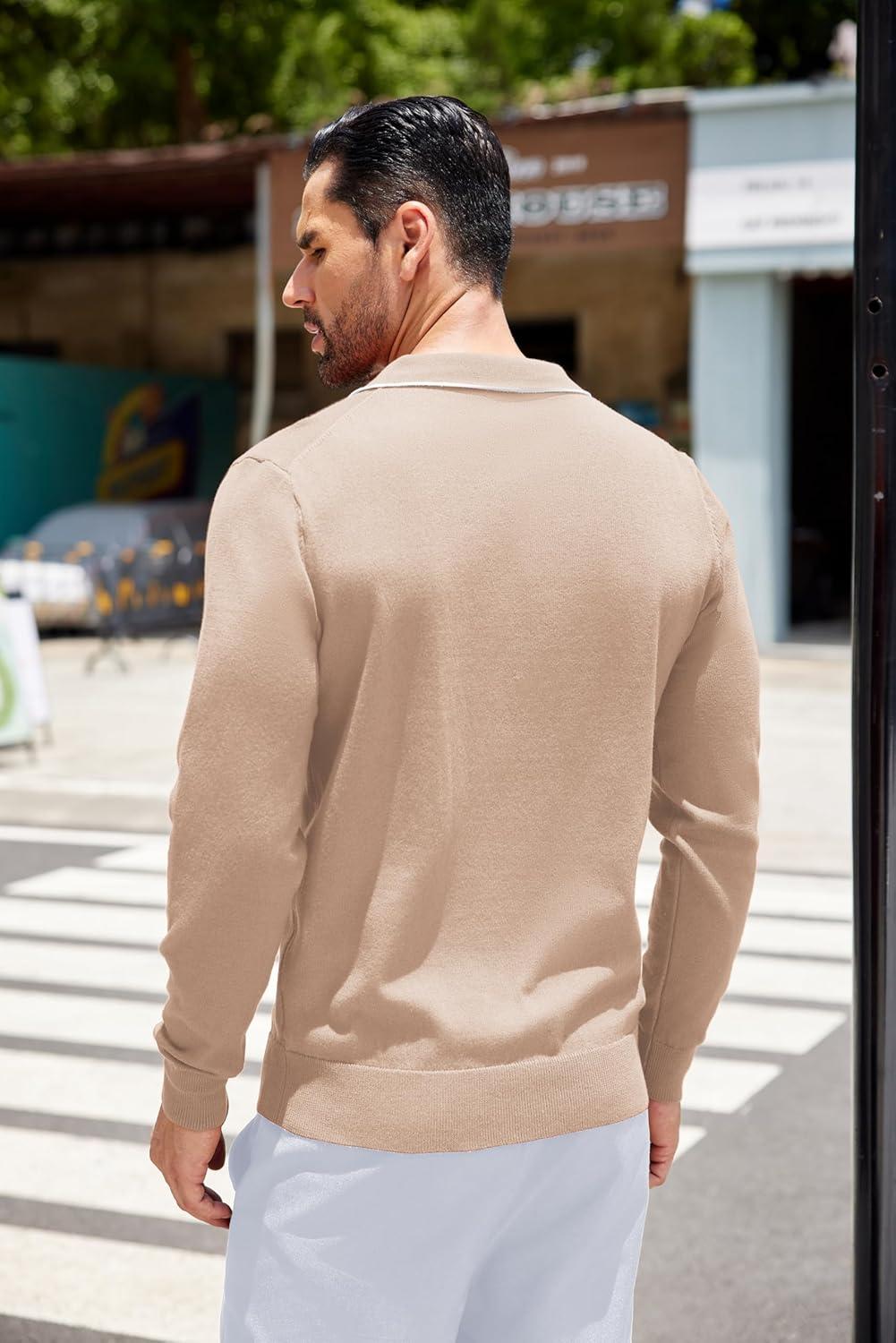 imageCOOFANDY Mens Knit Polo Long Sleeve Collared Sweater Polo Business Casual Polos with PocketLight Khaki