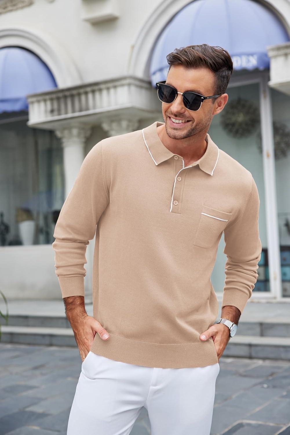 imageCOOFANDY Mens Knit Polo Long Sleeve Collared Sweater Polo Business Casual Polos with PocketLight Khaki