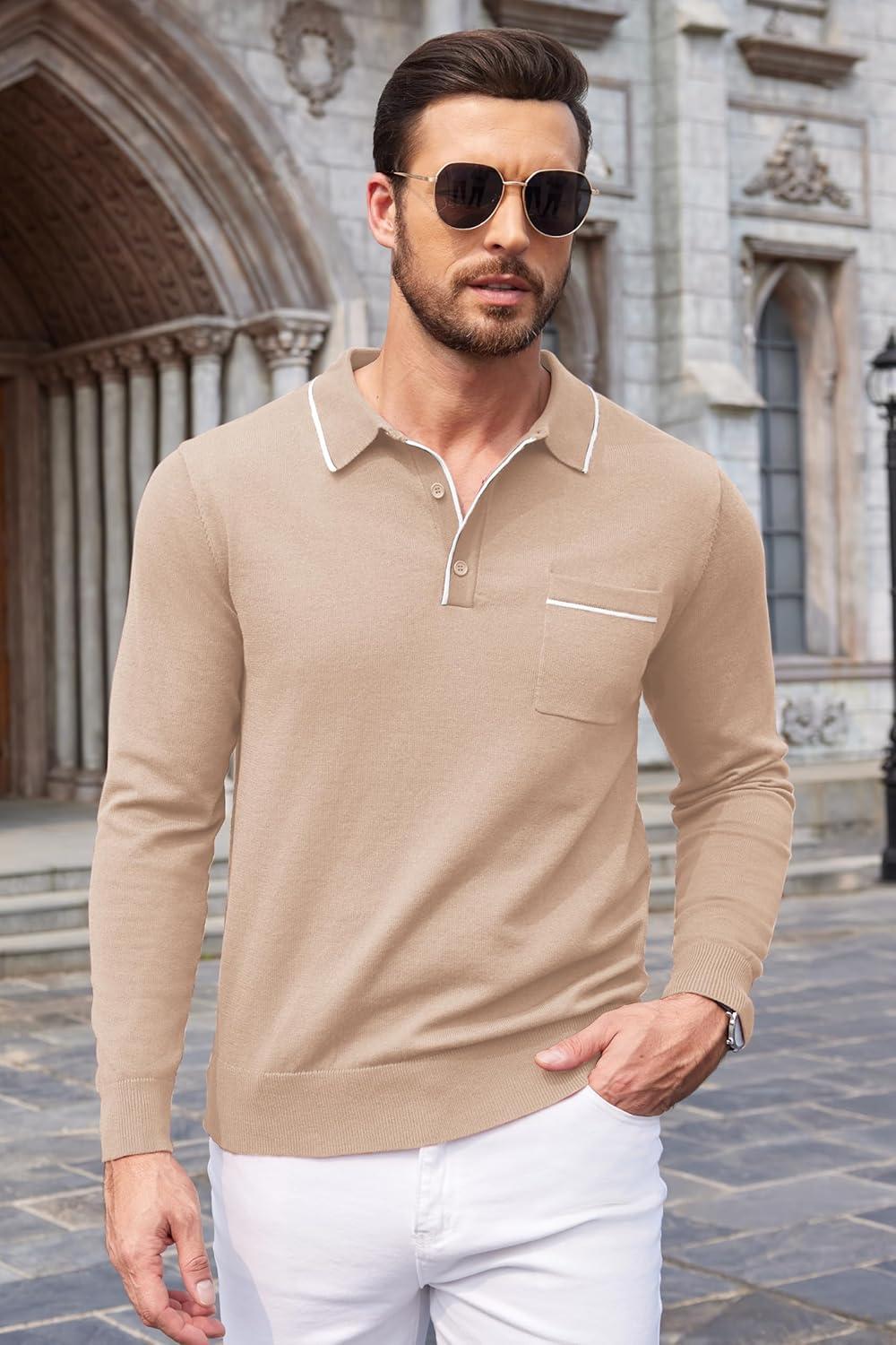 imageCOOFANDY Mens Knit Polo Long Sleeve Collared Sweater Polo Business Casual Polos with PocketLight Khaki