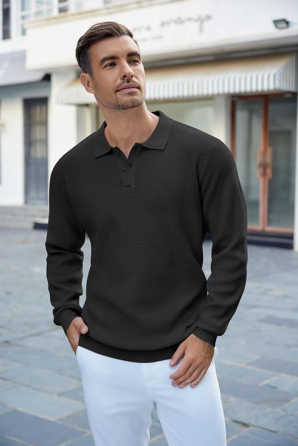 imageCOOFANDY Mens Knit Polo Shirts Long Sleeve Casual Polo Sweaters Shirt Waffle Textured Collared Sweater01black