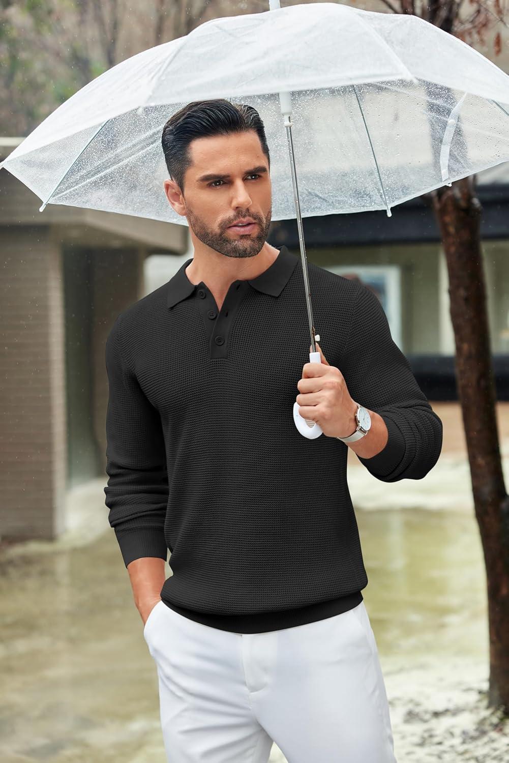 imageCOOFANDY Mens Knit Polo Shirts Long Sleeve Casual Polo Sweaters Shirt Waffle Textured Collared Sweater01black