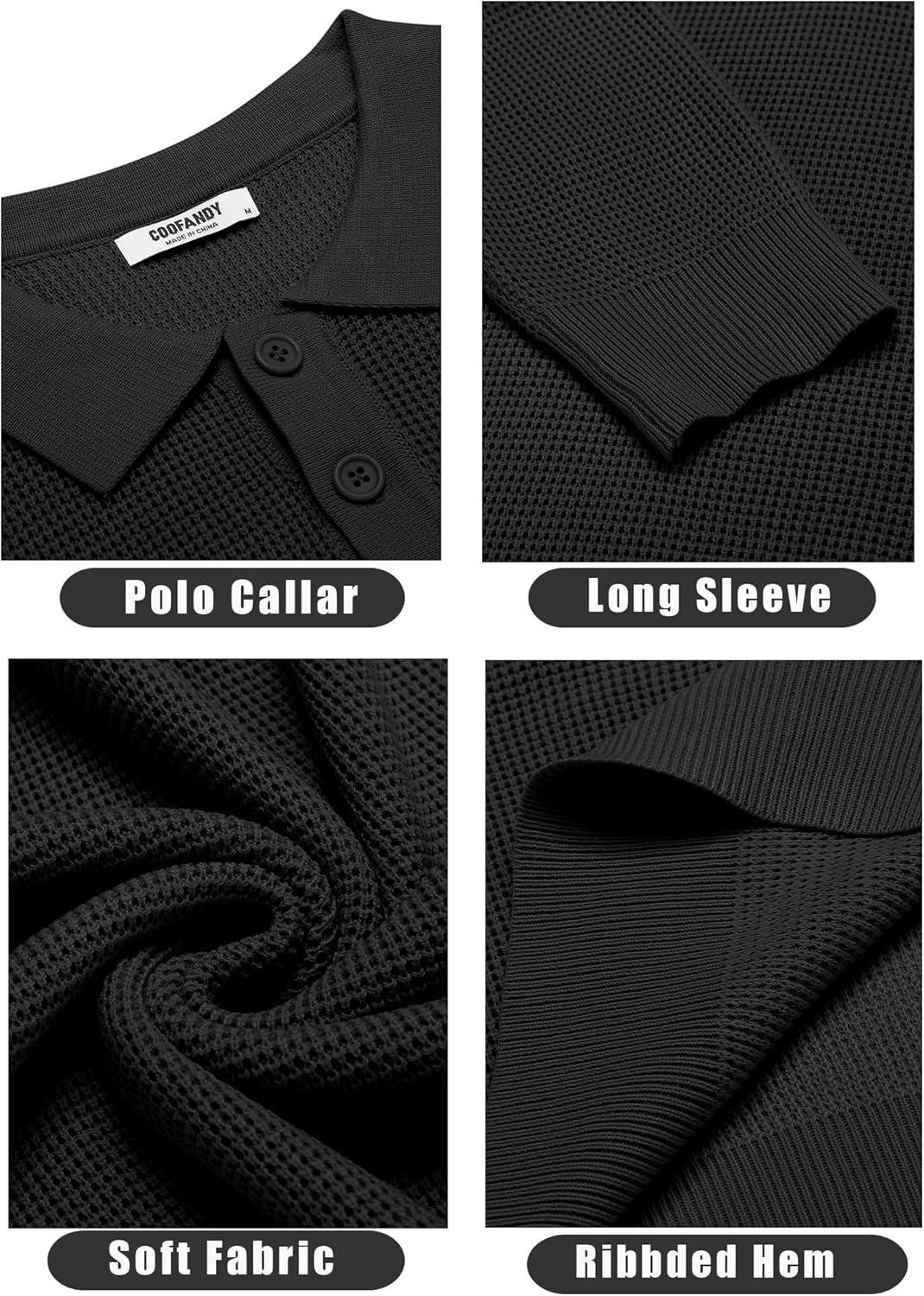 imageCOOFANDY Mens Knit Polo Shirts Long Sleeve Casual Polo Sweaters Shirt Waffle Textured Collared Sweater01black