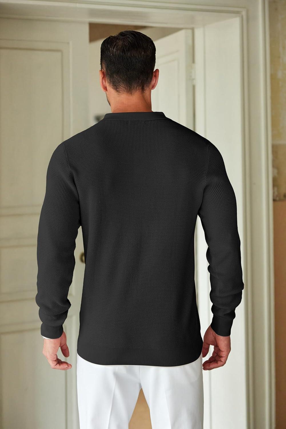 imageCOOFANDY Mens Knit Polo Shirts Long Sleeve Casual Polo Sweaters Shirt Waffle Textured Collared Sweater01black
