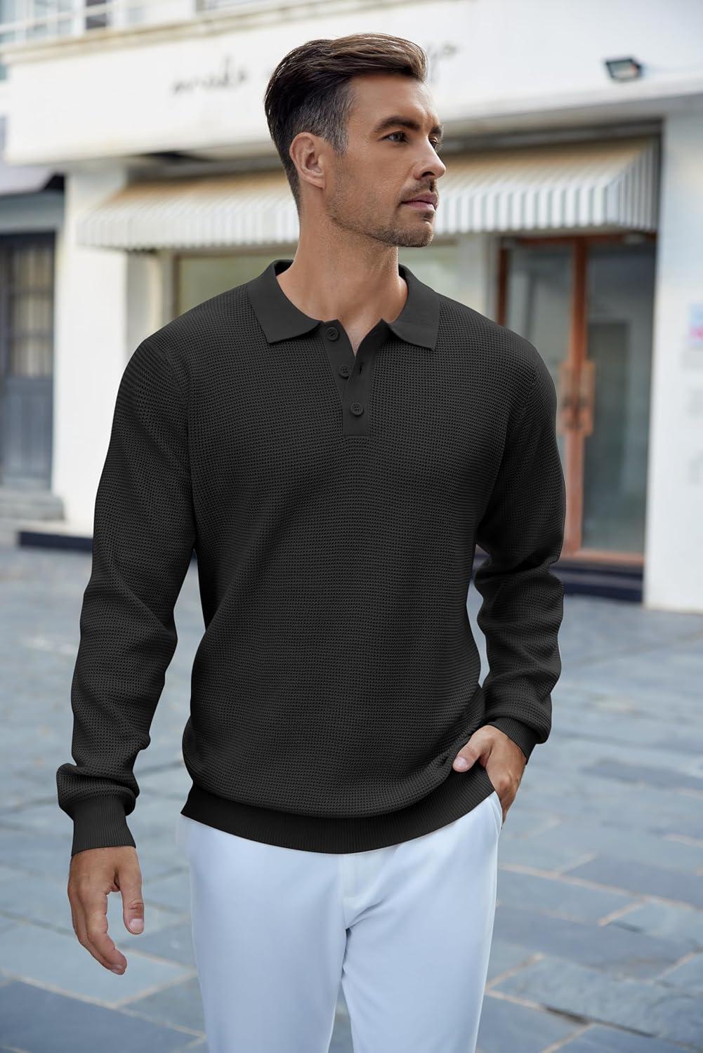 imageCOOFANDY Mens Knit Polo Shirts Long Sleeve Casual Polo Sweaters Shirt Waffle Textured Collared Sweater01black